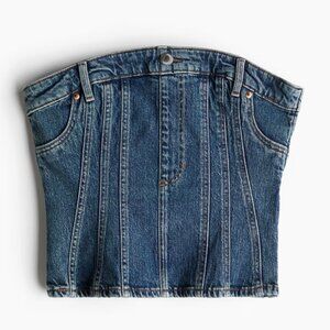 NWOT H&M Dark Wash Denim Fitted Bustier Cropped Strapless Corset Tube Top, M